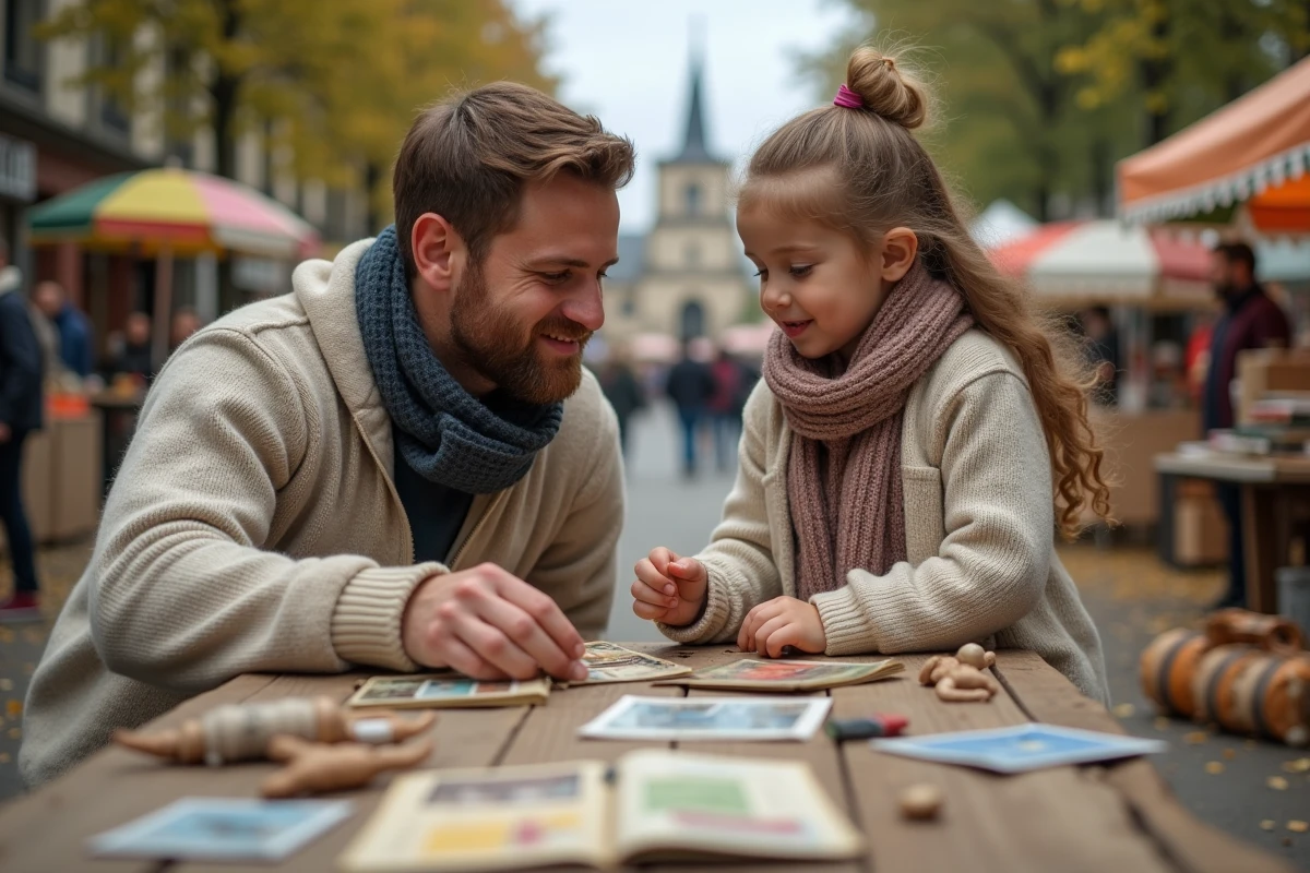 Père et fille curieuse découvrant des jouets vintage en plein air