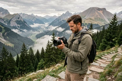 Photographe professionnel en Auvergne-Rhône-Alpes devant un paysage alpin et volcanique