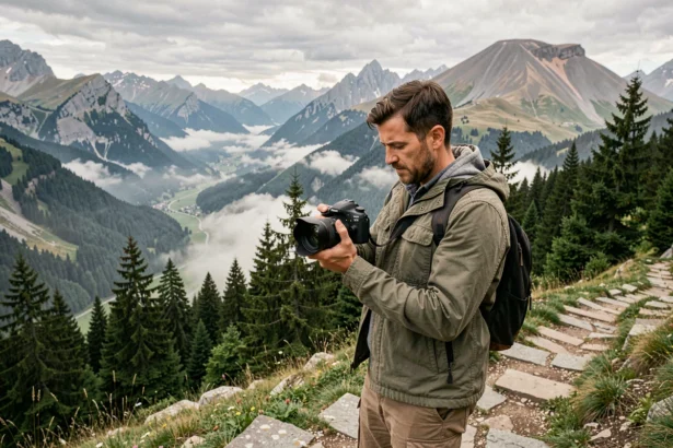 Photographe professionnel en Auvergne-Rhône-Alpes devant un paysage alpin et volcanique