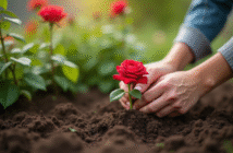 Main plantant une rose dans la terre du jardin