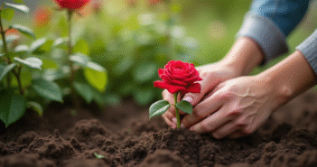 Main plantant une rose dans la terre du jardin