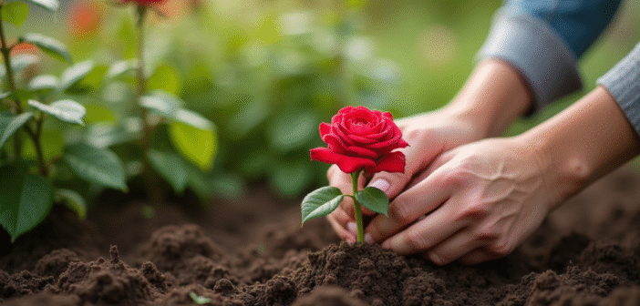 Main plantant une rose dans la terre du jardin