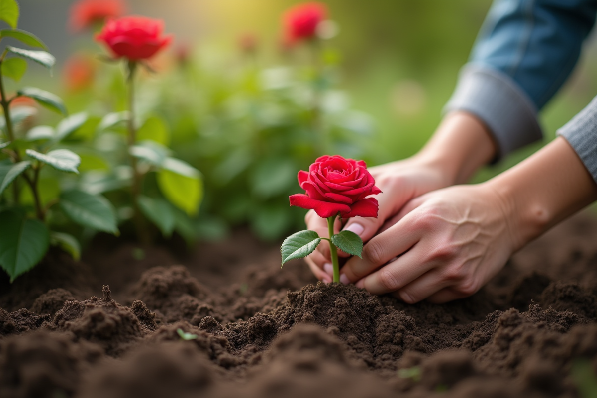 Main plantant une rose dans la terre du jardin