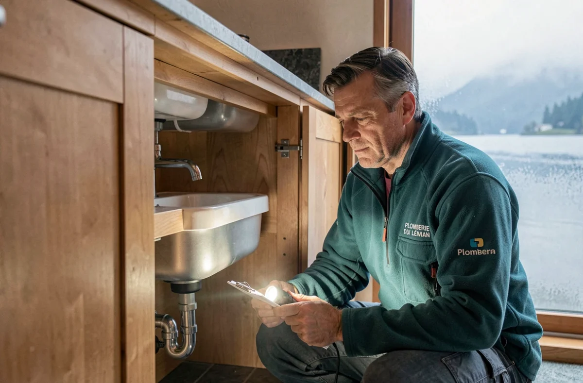 Plombier Plomberie du Léman inspectant une installation dans une propriété au bord du lac Léman