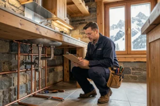Plombier professionnel en intervention d'urgence dans un chalet alpin de Haute-Savoie
