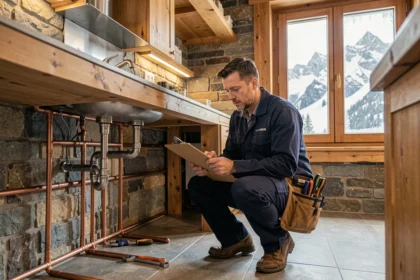 Plombier professionnel en intervention d'urgence dans un chalet alpin de Haute-Savoie