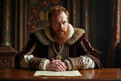 Portrait d'un roi Tudor en costume riche et orné