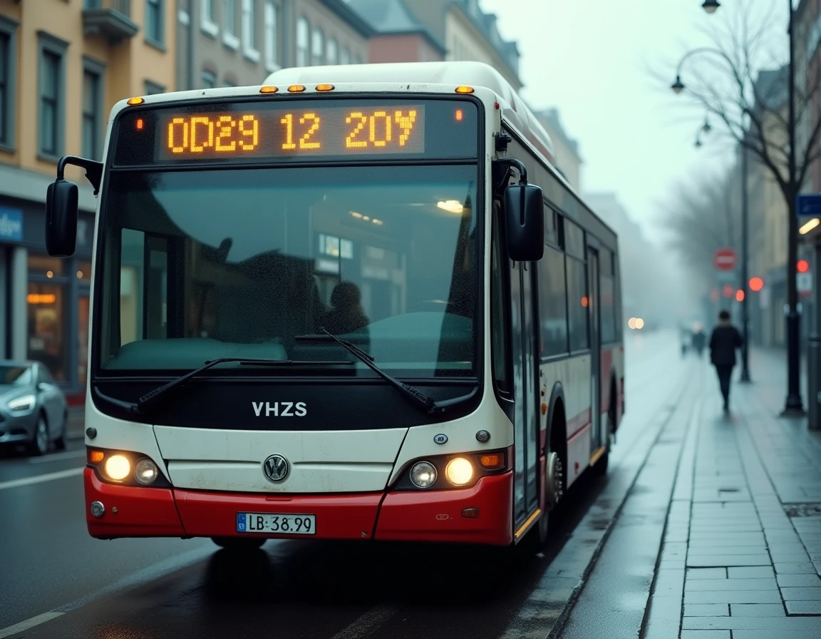 Bus de la ligne 172 arrivant à un arrêt désert lors des premiers trajets du matin en ville
