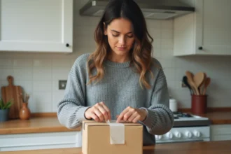 Femme préparant un colis de retour en collant une étiquette La Poste sur une boîte en carton dans sa cuisine