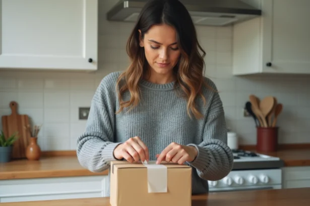 Femme préparant un colis de retour en collant une étiquette La Poste sur une boîte en carton dans sa cuisine