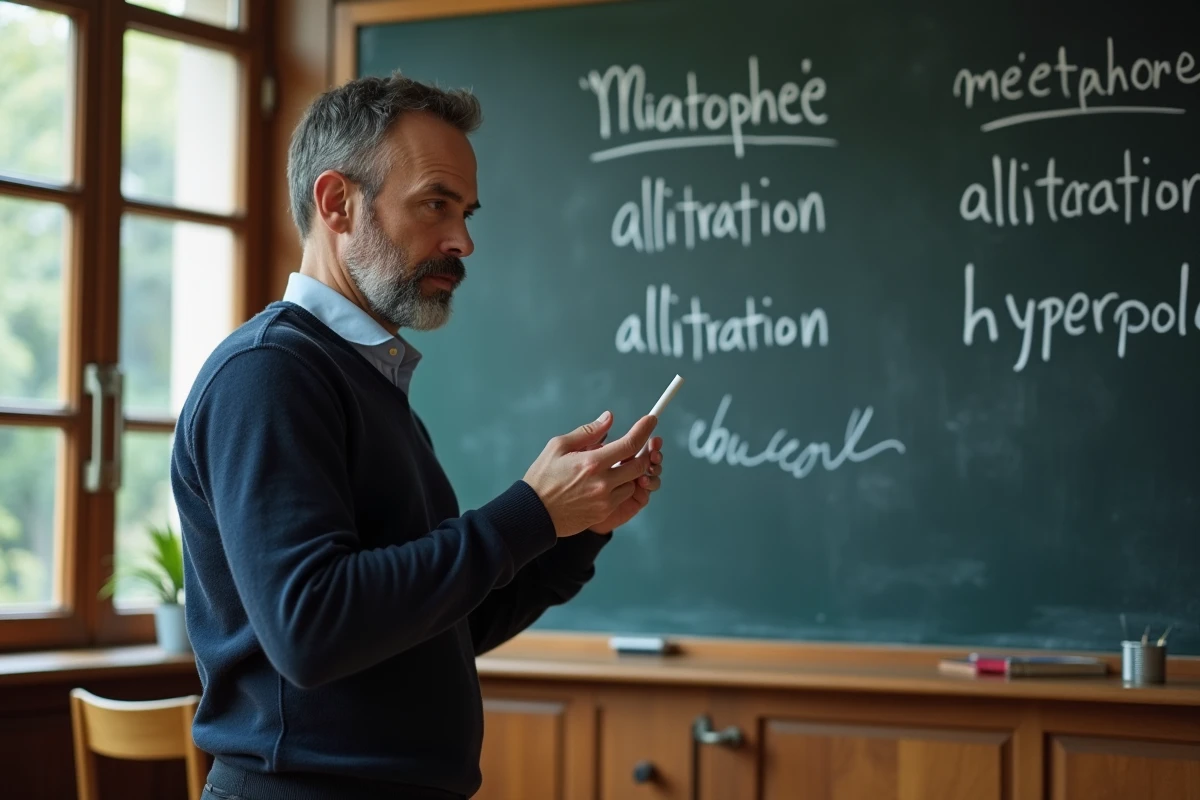 Professeur expliquant les figures de style au tableau dans une salle de classe universitaire