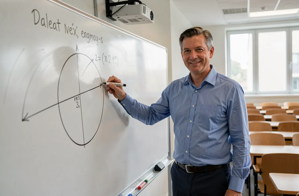 Enseignant expliquant la formule du périmètre d'un cercle au tableau blanc dans une salle de cours universitaire