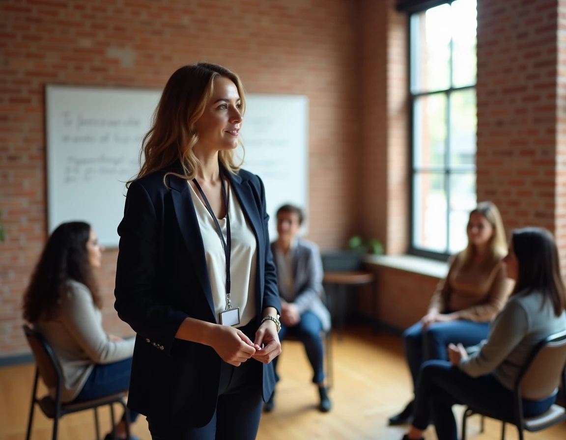 Professionnelle intermédiaire du secteur social animant un atelier de groupe dans un centre communautaire