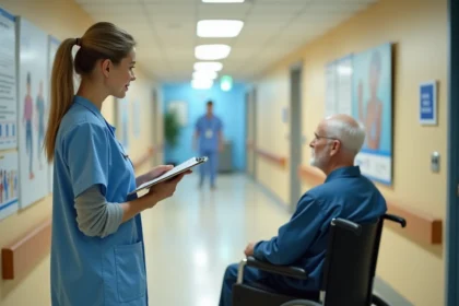 Professionnelle de santé intermédiaire en blouse bleue discutant avec un patient âgé en fauteuil roulant dans un couloir d'hôpital