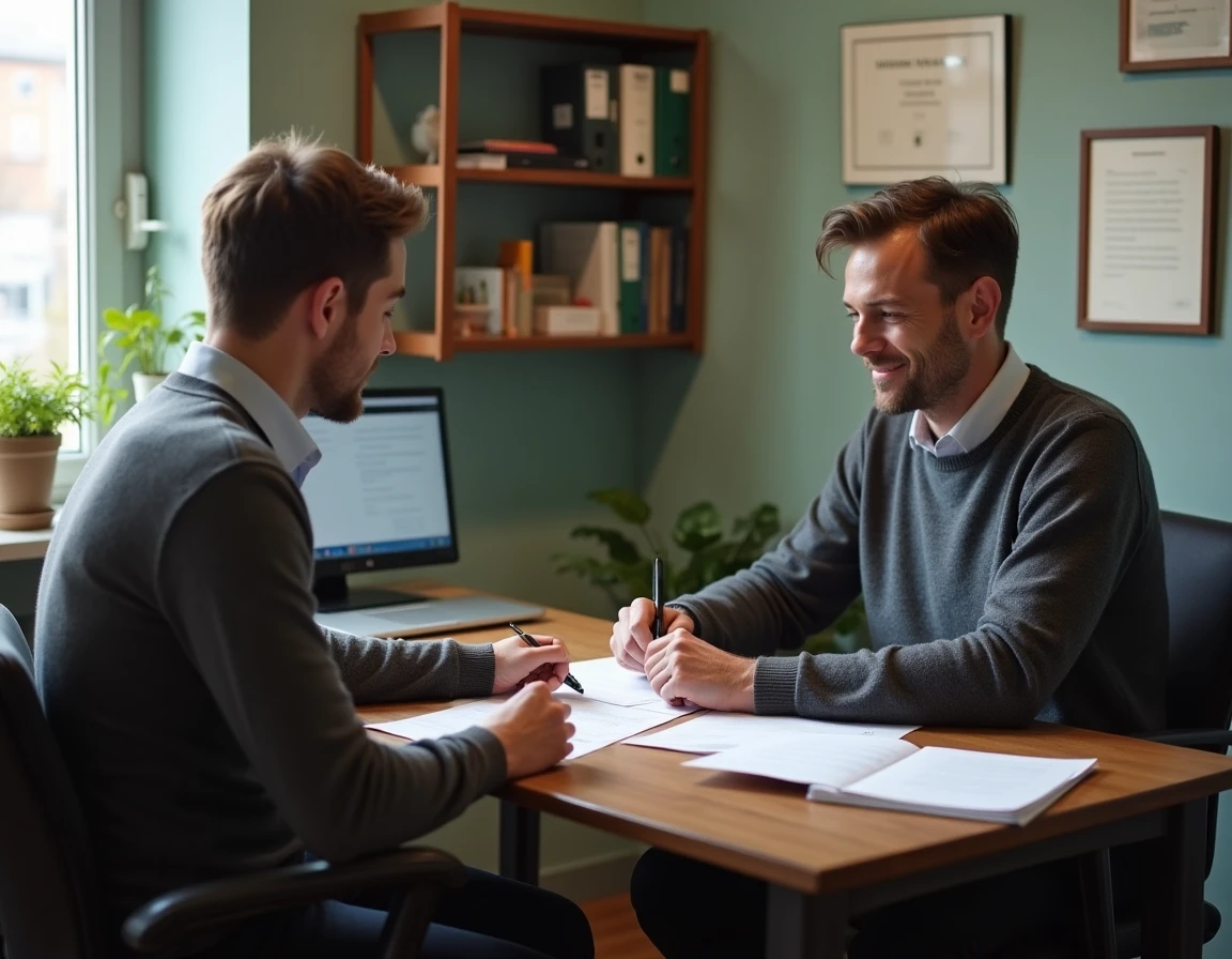 Travailleur social intermédiaire conseillant un jeune adulte dans un bureau de service social avec des documents sur le bureau