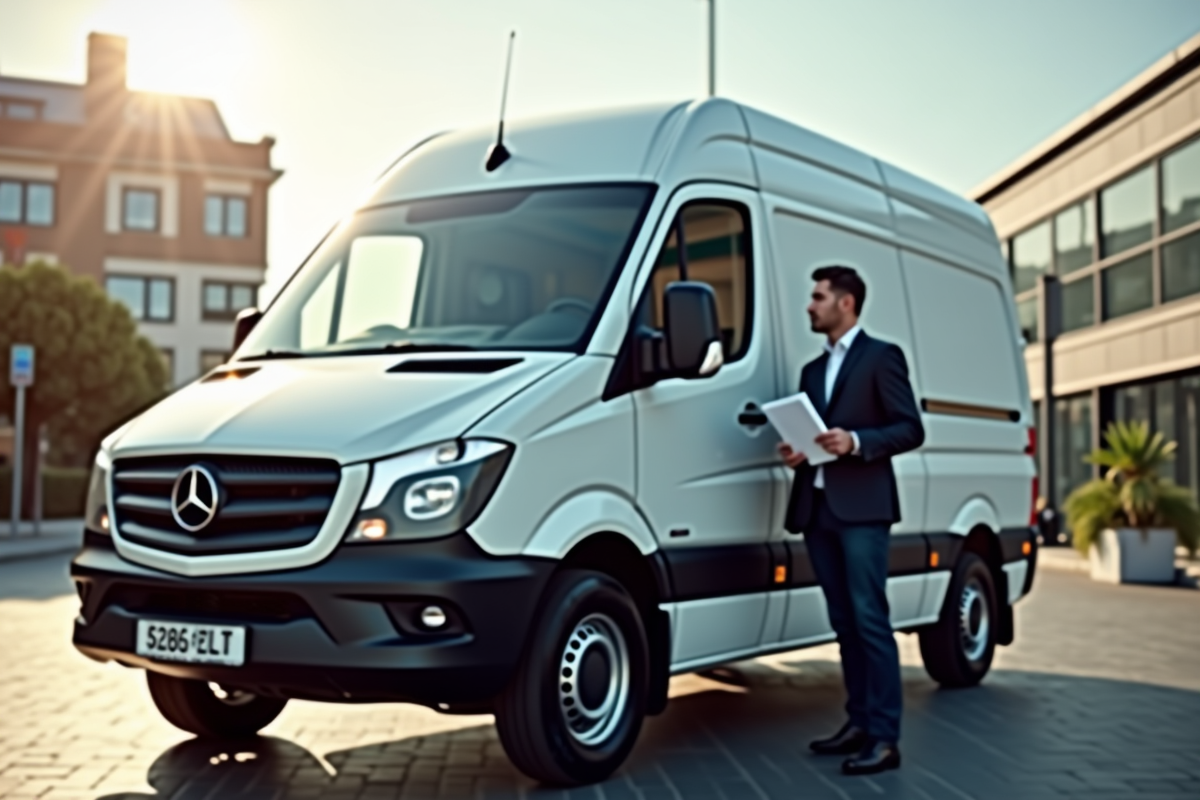 Professionnel à côté d'un van moderne en ville