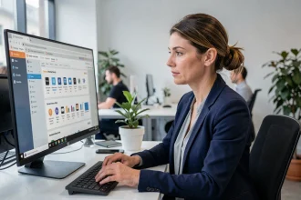 Professionnelle analysant des alternatives à un outil numérique sur un écran d'ordinateur dans un bureau moderne