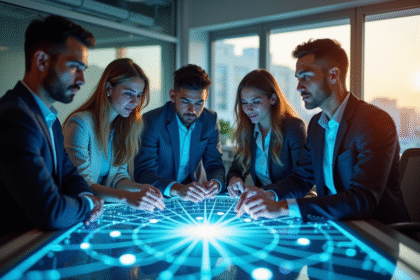 Groupe de professionnels autour d'une table numérique blockchain
