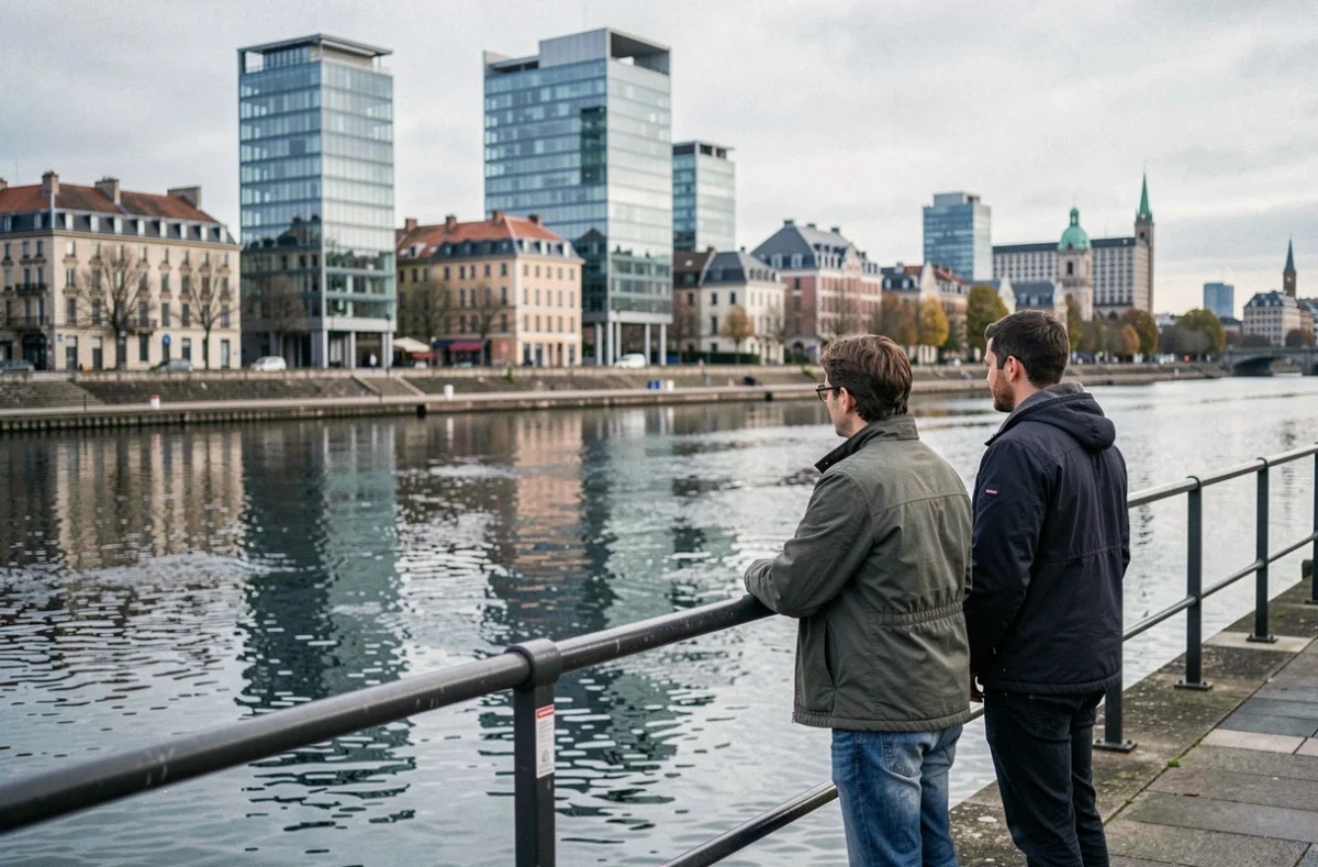Deux personnes sur une promenade en bord de Loire à Nantes avec vue sur le skyline urbain contemporain