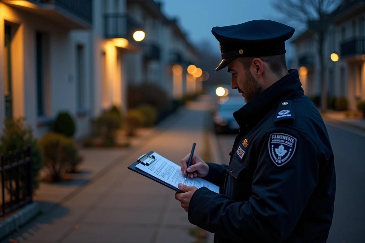 Policier en uniforme rédigeant un procès-verbal pour tapage nocturne dans une rue résidentielle