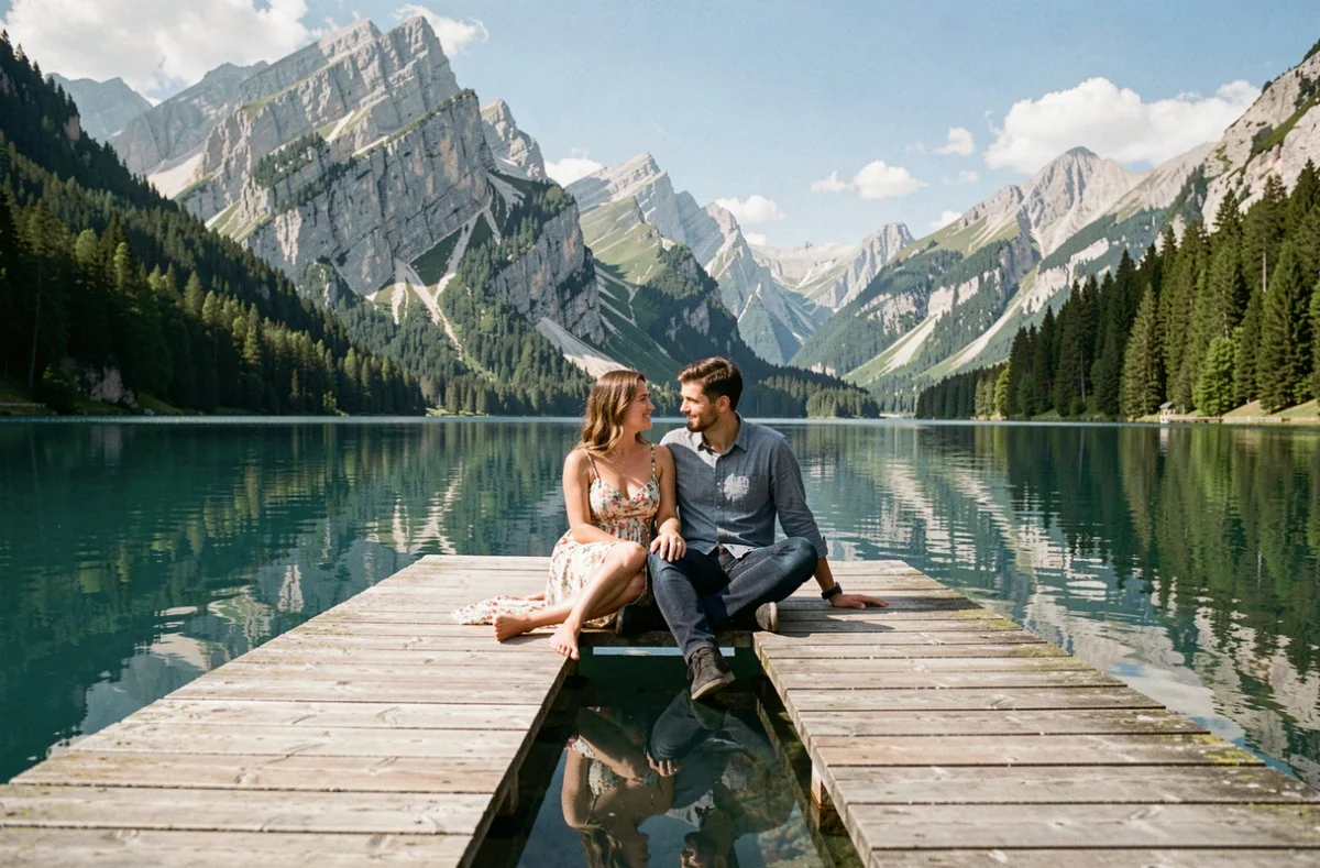Couple photographié au bord d'un lac alpin en Isère par Quentin Weber Photographie