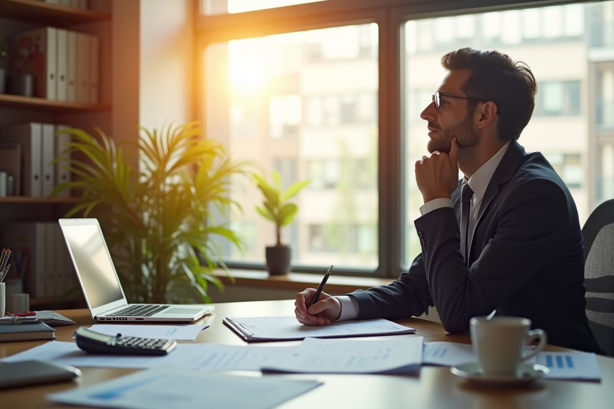 Professionnel pensif face aux documents financiers et calculatrice
