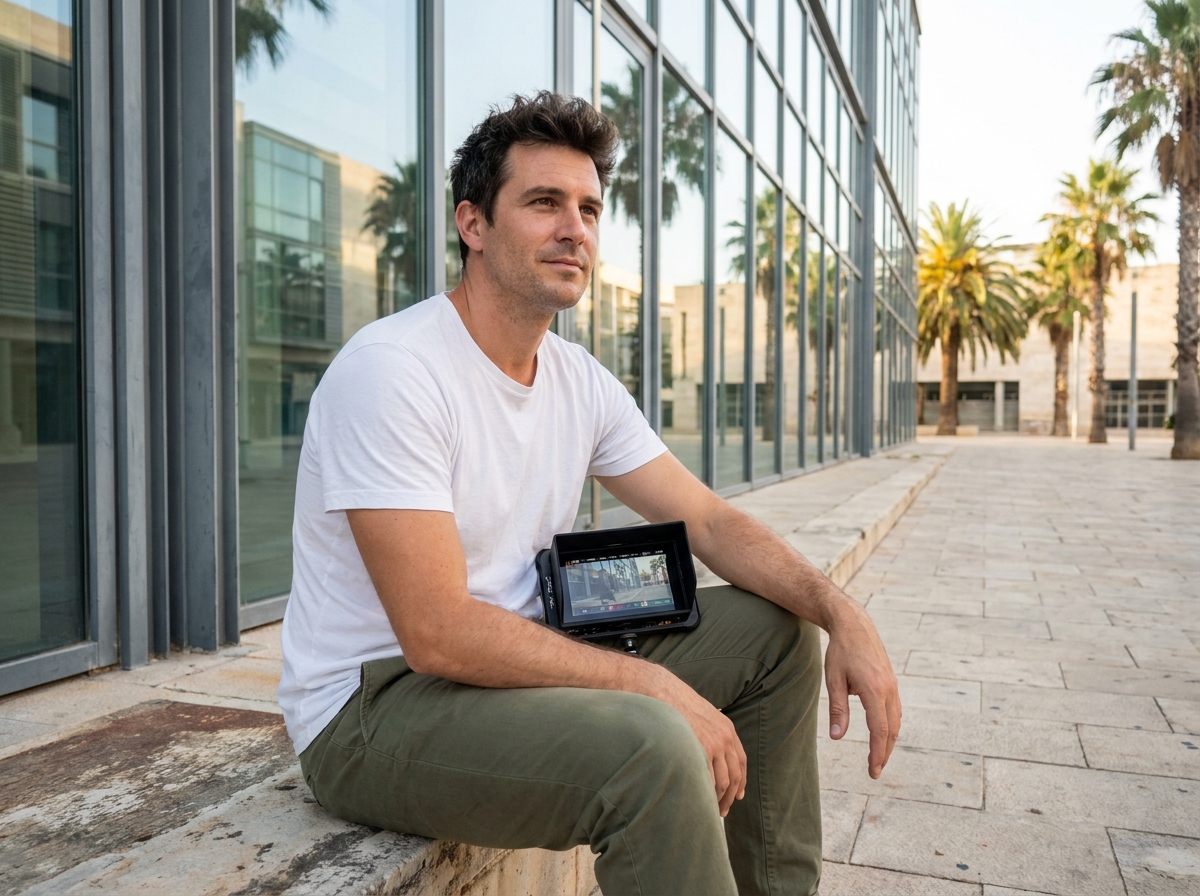 Jeune réalisateur révisant des rushes sur moniteur devant un centre culturel moderne à Montpellier