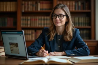 Femme juriste effectuant des recherches historiques et juridiques dans une bibliothèque universitaire avec des livres anciens et un ordinateur portable