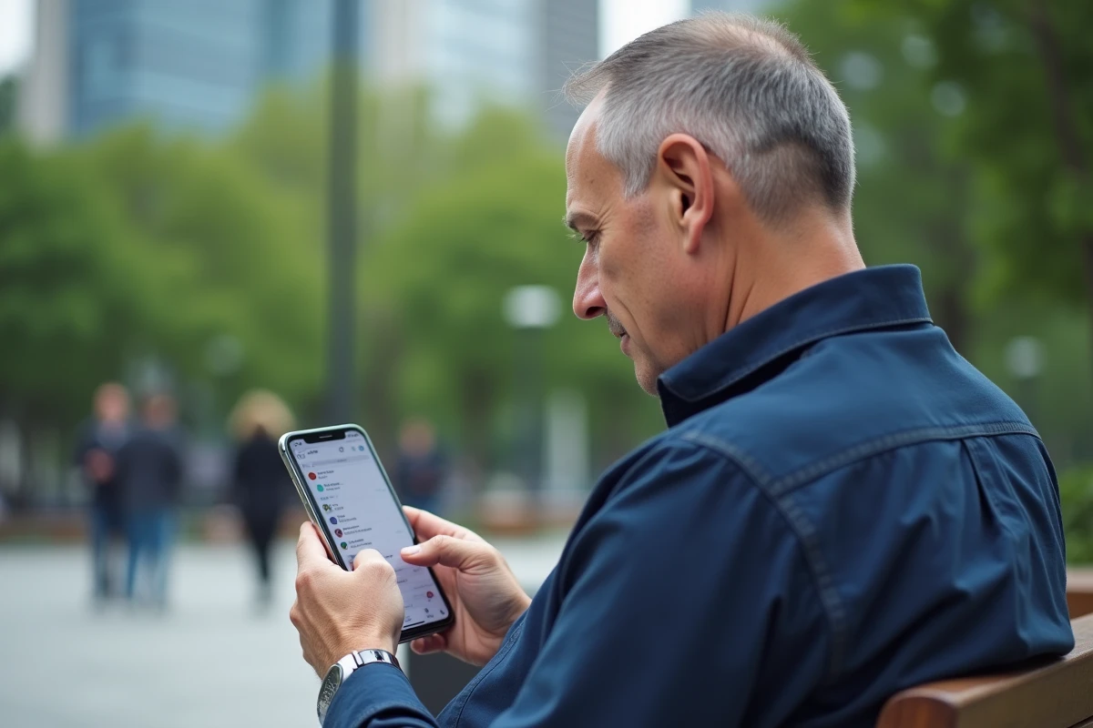 Homme consultant son smartphone dans un parc urbain pour retrouver un numéro de téléphone à partir d'un prénom