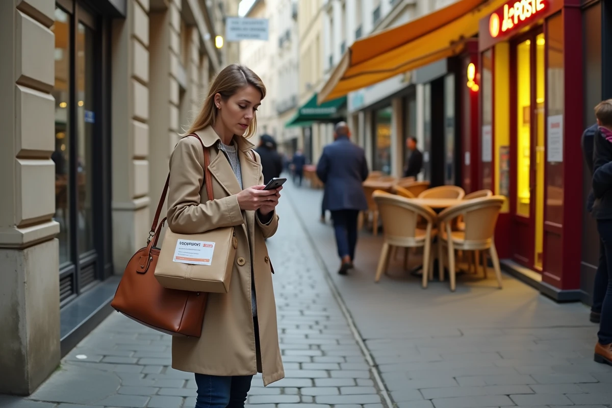 Femme cherchant un point de dépôt Chronopost sur son téléphone devant un bureau de La Poste en ville