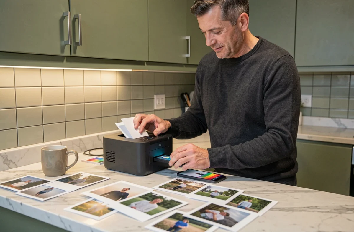 Homme réglant les paramètres d'une imprimante photo portable connectée à un smartphone dans une cuisine moderne