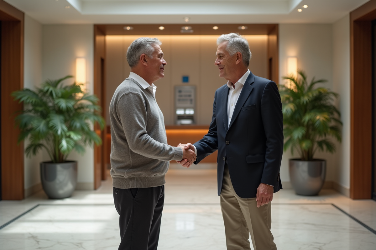 Resident et gestionnaire immobilier se serrant la main dans le hall