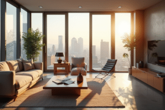 Salon moderne avec vue urbaine et journal financier