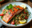 Saumon grillé avec quinoa et légumes rôtis sur une table en bois