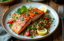 Saumon grillé avec quinoa et légumes rôtis sur une table en bois