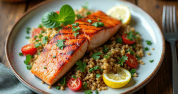 Saumon grillé avec quinoa et légumes rôtis sur une table en bois