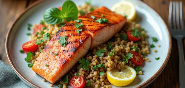 Saumon grillé avec quinoa et légumes rôtis sur une table en bois