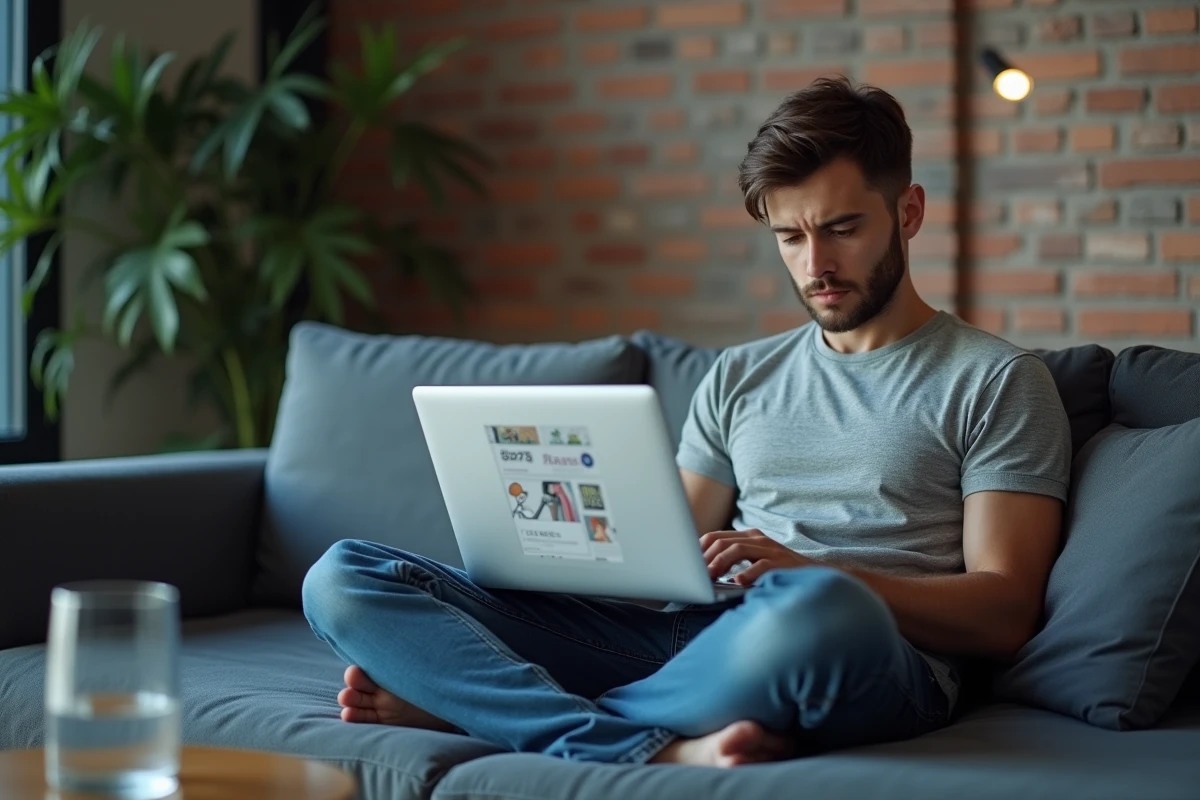 Jeune homme consultant un site de scan manga BL sur son ordinateur portable dans un appartement moderne
