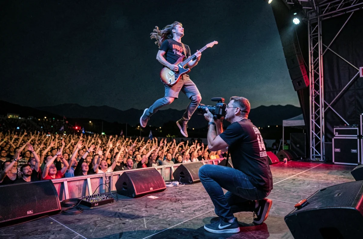 Photographe Séverin Canet capturant un concert en plein air en Rhône-Alpes avec foule et artiste