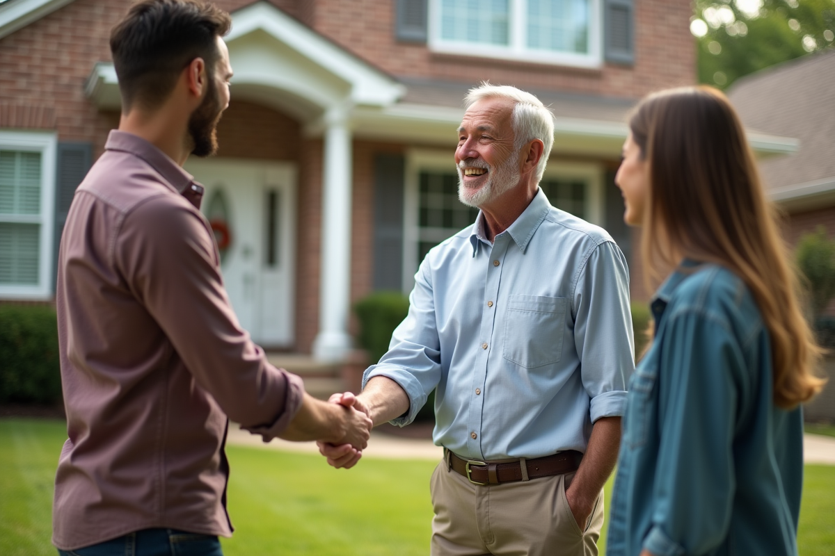 Homme et couple signant vente maison