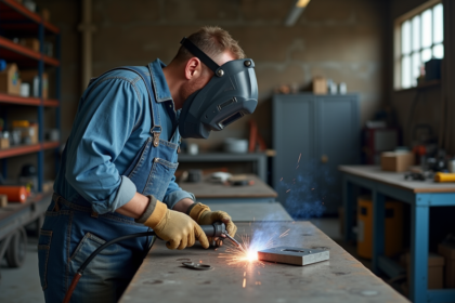 Hommes en overalls soudant dans un atelier bien organisé