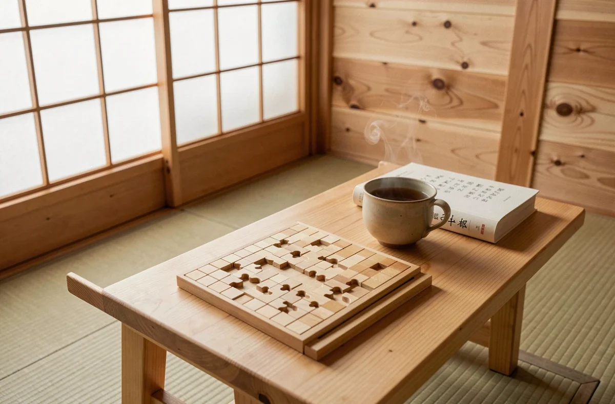 Salle de détente de spa japonais avec livre de mots fléchés et thé chaud sur banc en bois