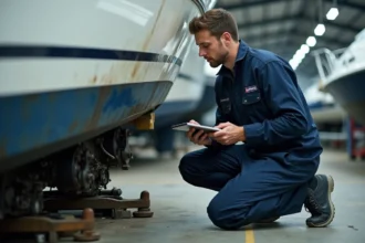 Technicien marin inspectant le moteur d'un bateau lors d'un entretien préventif en chantier naval Aunis Motonautic