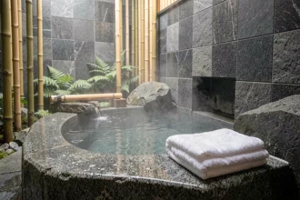 Thermes japonais traditionnels avec bassin en pierre et vapeur naturelle dans un cadre zen épuré
