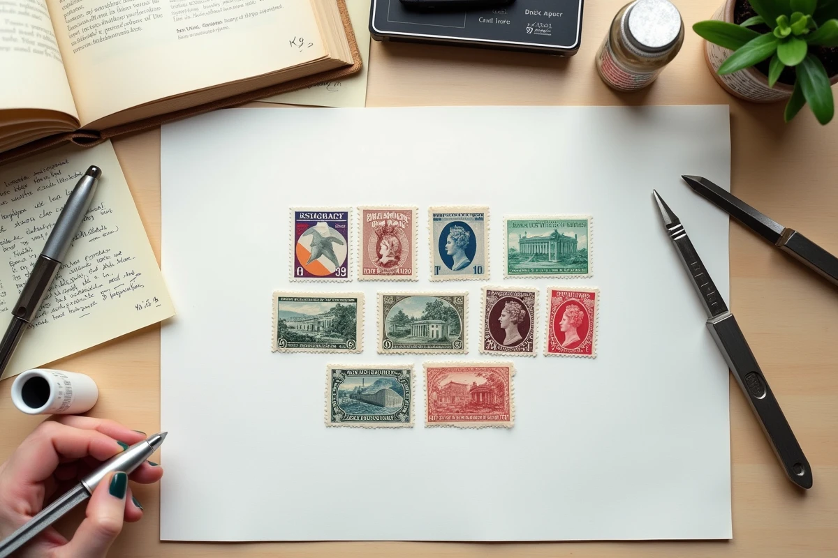 Collection de timbres vintage avec outils philatéliques et catalogue de cotation sur une table