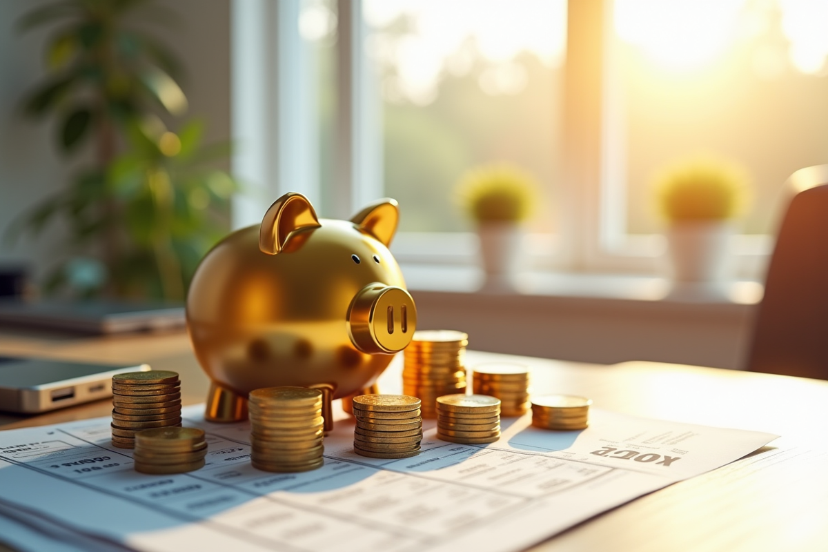 Tirelire en or coins et formulaires fiscaux en bureau