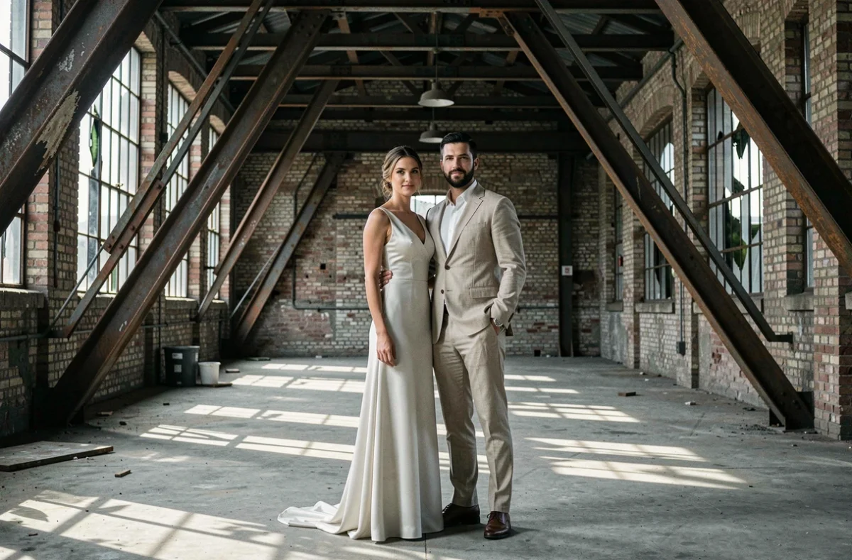 Couple de mariés dans un cadre industriel créatif lors d'un shooting par Tommy Loska photographe