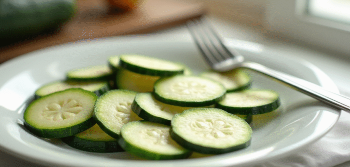 Tranches de courgette fraîches sur une assiette blanche