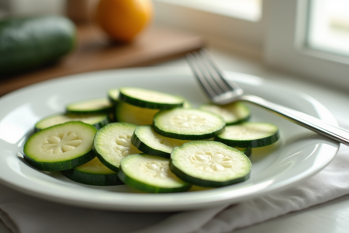Tranches de courgette fraîches sur une assiette blanche