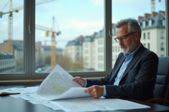 Urbaniste français examine des plans en bureau moderne